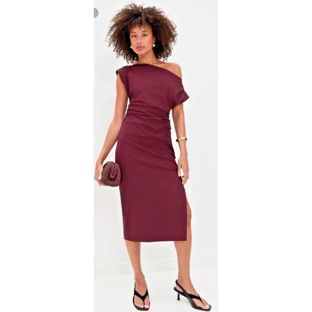 A.L.C. Women Size 8 Nara Off The Shoulder Gathered S/S Side Slit Midi Dress Plum